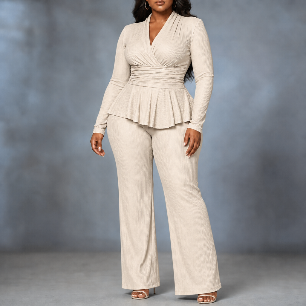 Women's Wrap Peplum Flared Pant Set - Oatmeal