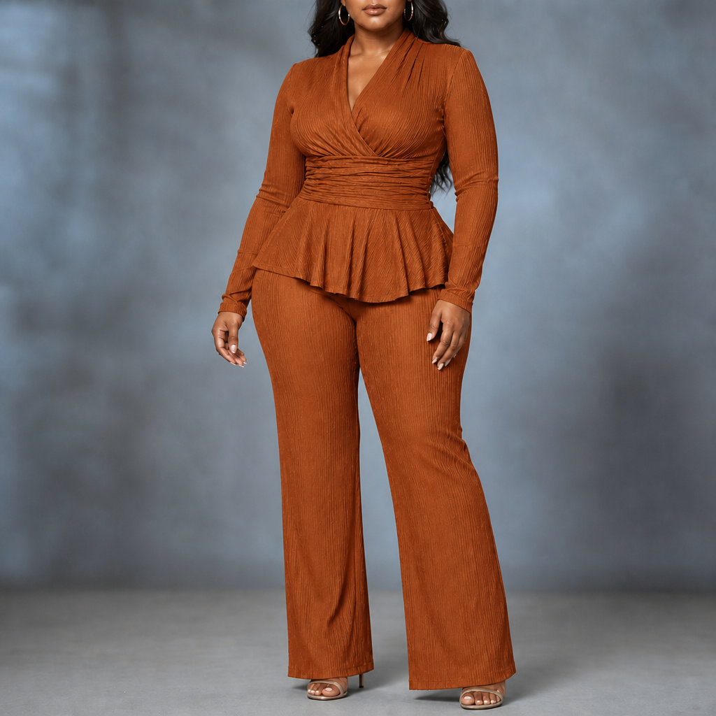 Women's Wrap Peplum Flared Pant Set - Rust