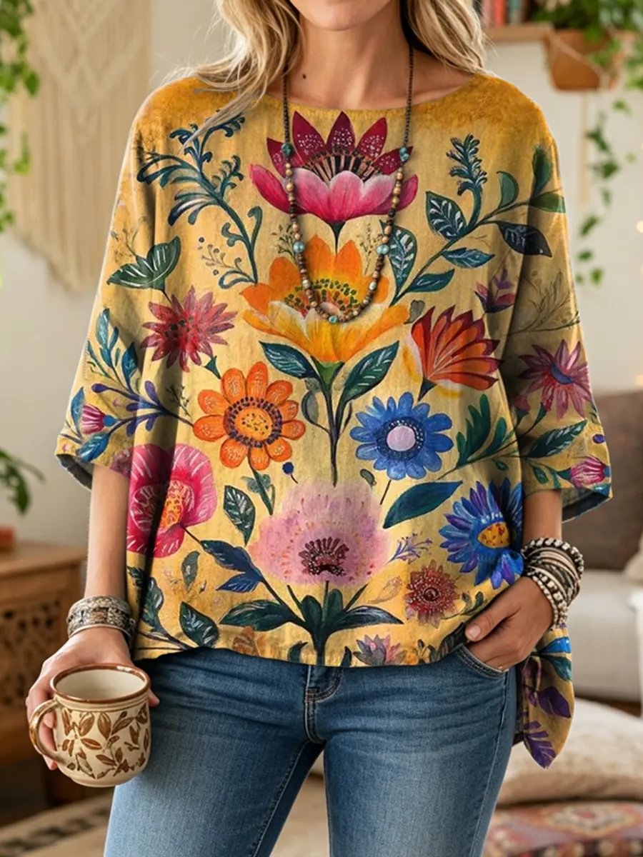 Women's Yellow Floral Round Neck Top - Yellow Floral