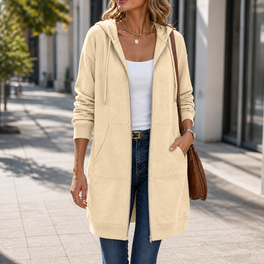 Women's Zip-Front Hooded Mid-Length Cardigan - Beige