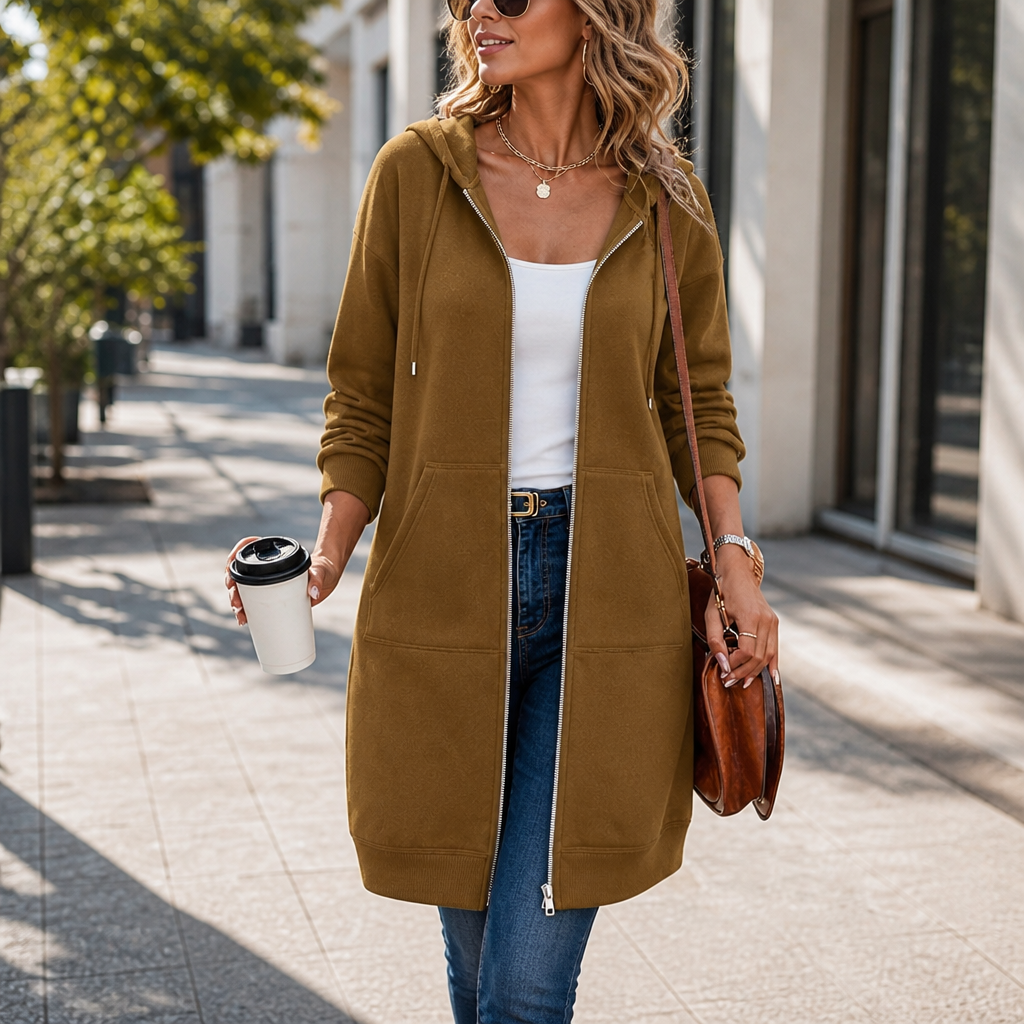 Women's Zip-Front Hooded Mid-Length Cardigan - Olive Brown