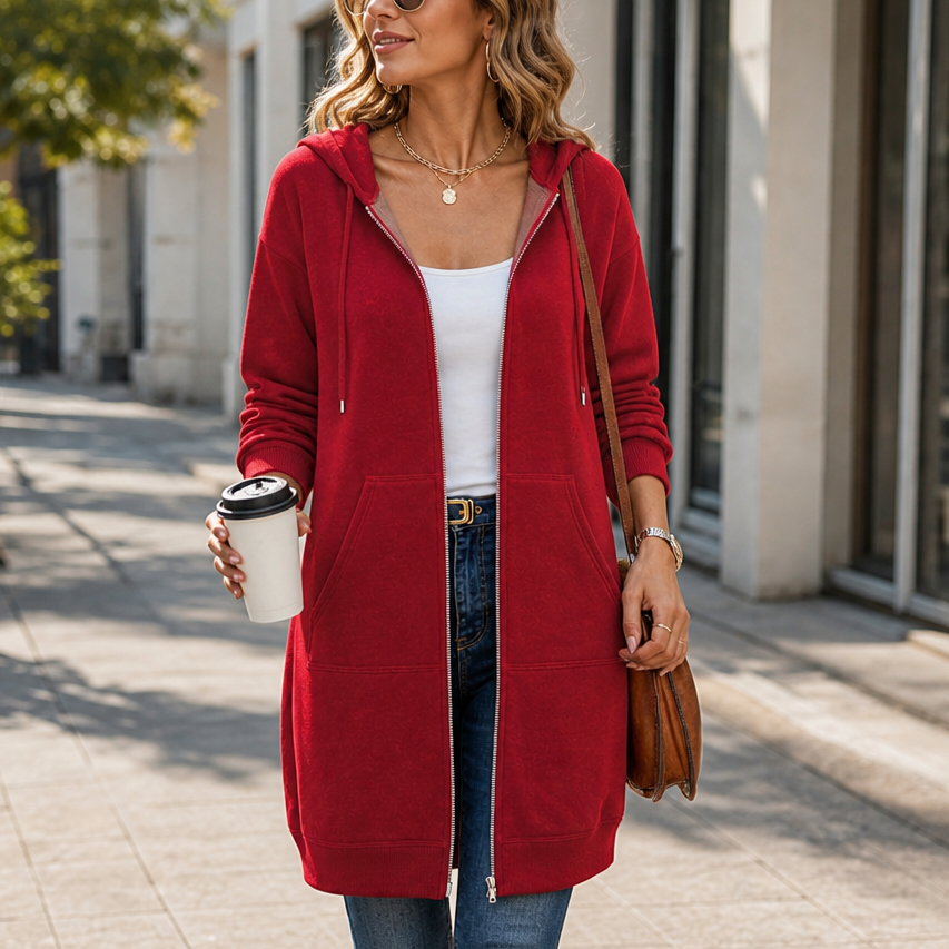 Women's Zip-Front Hooded Mid-Length Cardigan - Red