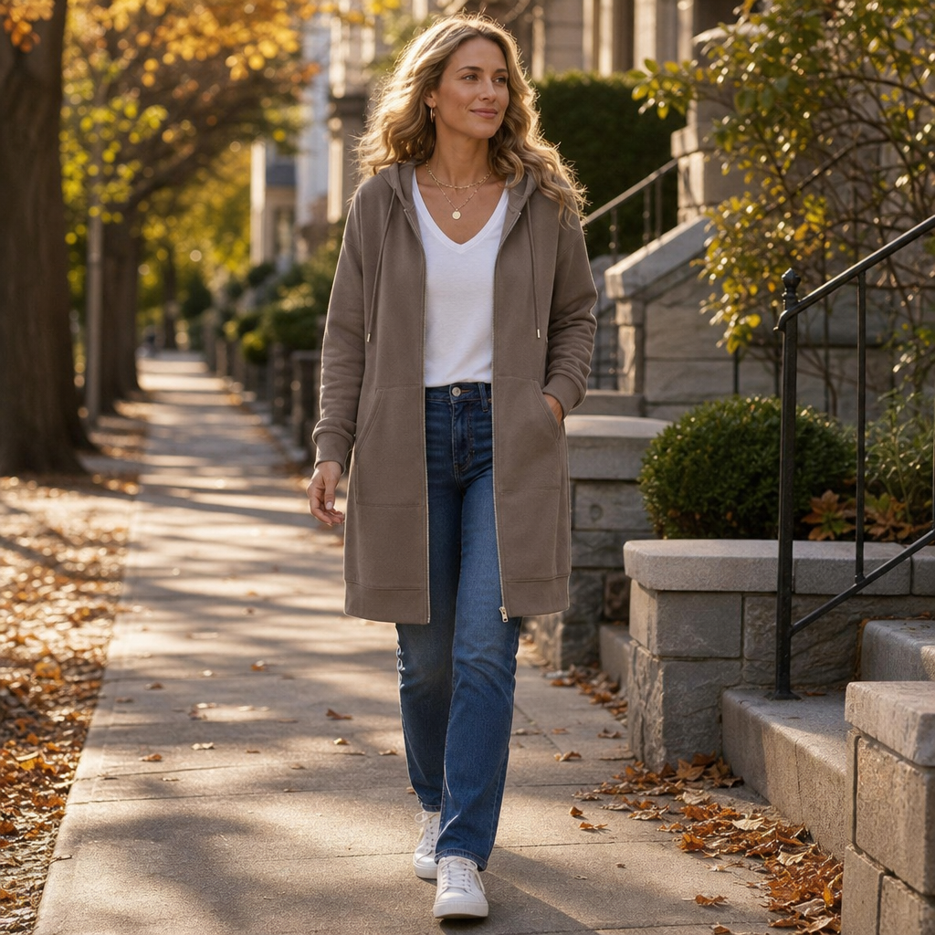 Women's Zip-Front Hooded Mid-Length Cardigan - Taupe