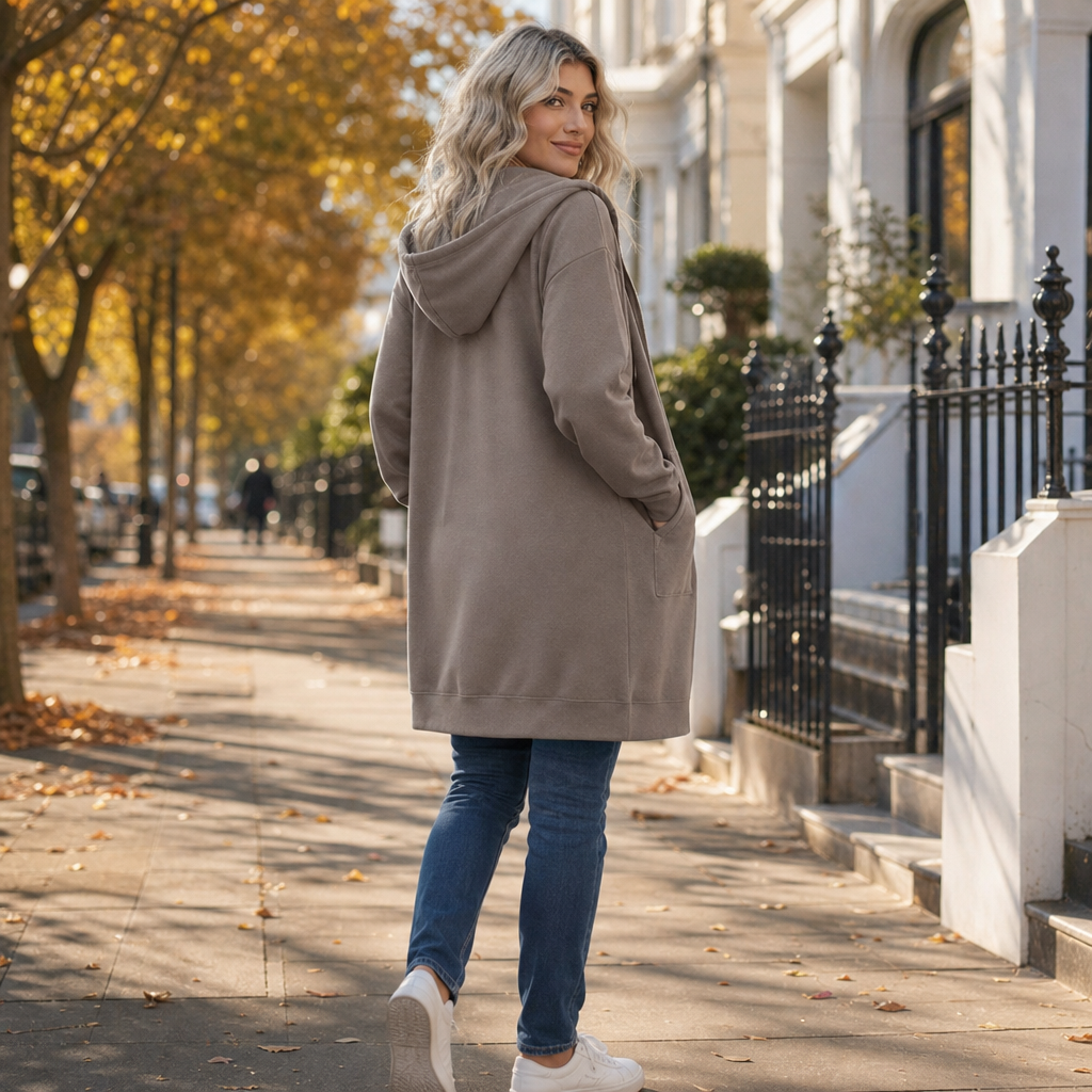 Women's Zip-Front Hooded Mid-Length Cardigan - Taupe