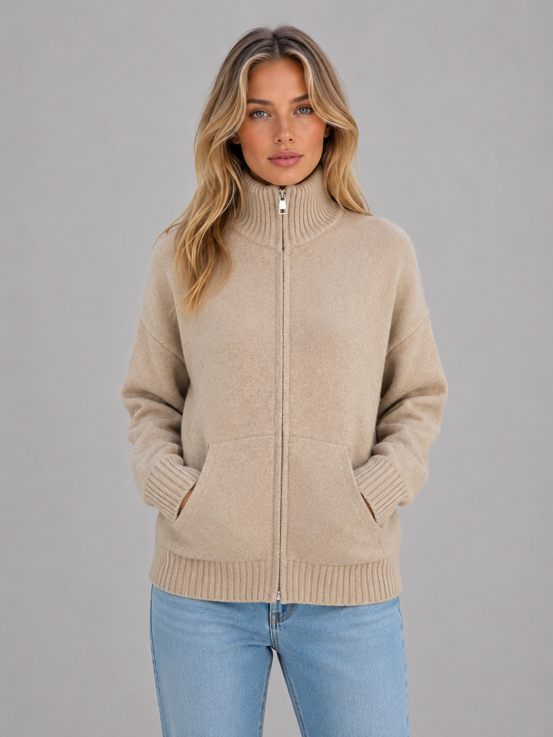 Women's Zip-Up Funnel Neck Cardigan - Beige
