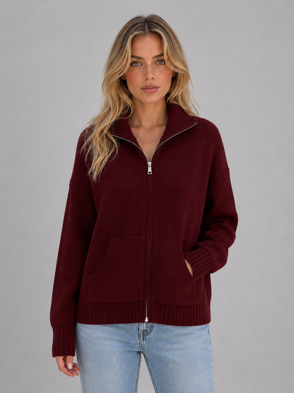 Women's Zip-Up Funnel Neck Cardigan - Burgundy