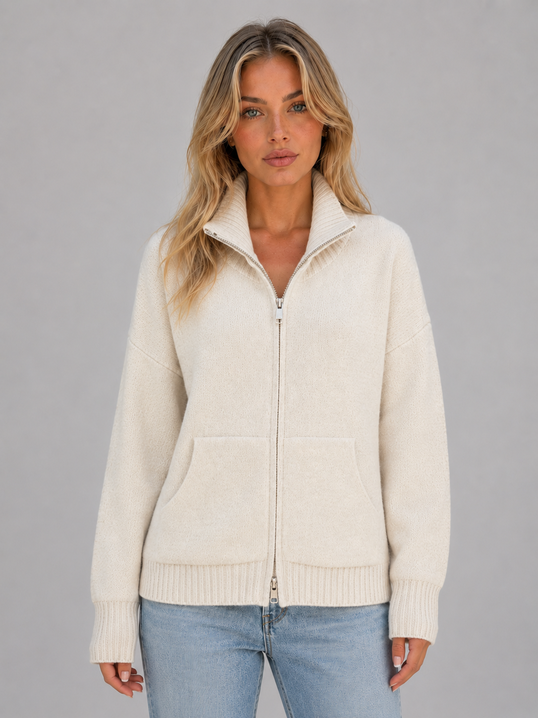 Women's Zip-Up Funnel Neck Cardigan - Cream