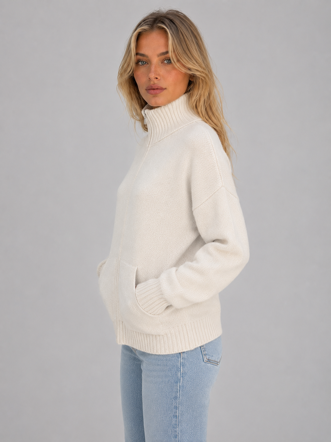 Women's Zip-Up Funnel Neck Cardigan - Cream