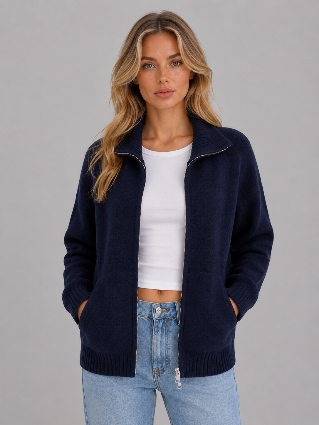Women's Zip-Up Funnel Neck Cardigan - Navy