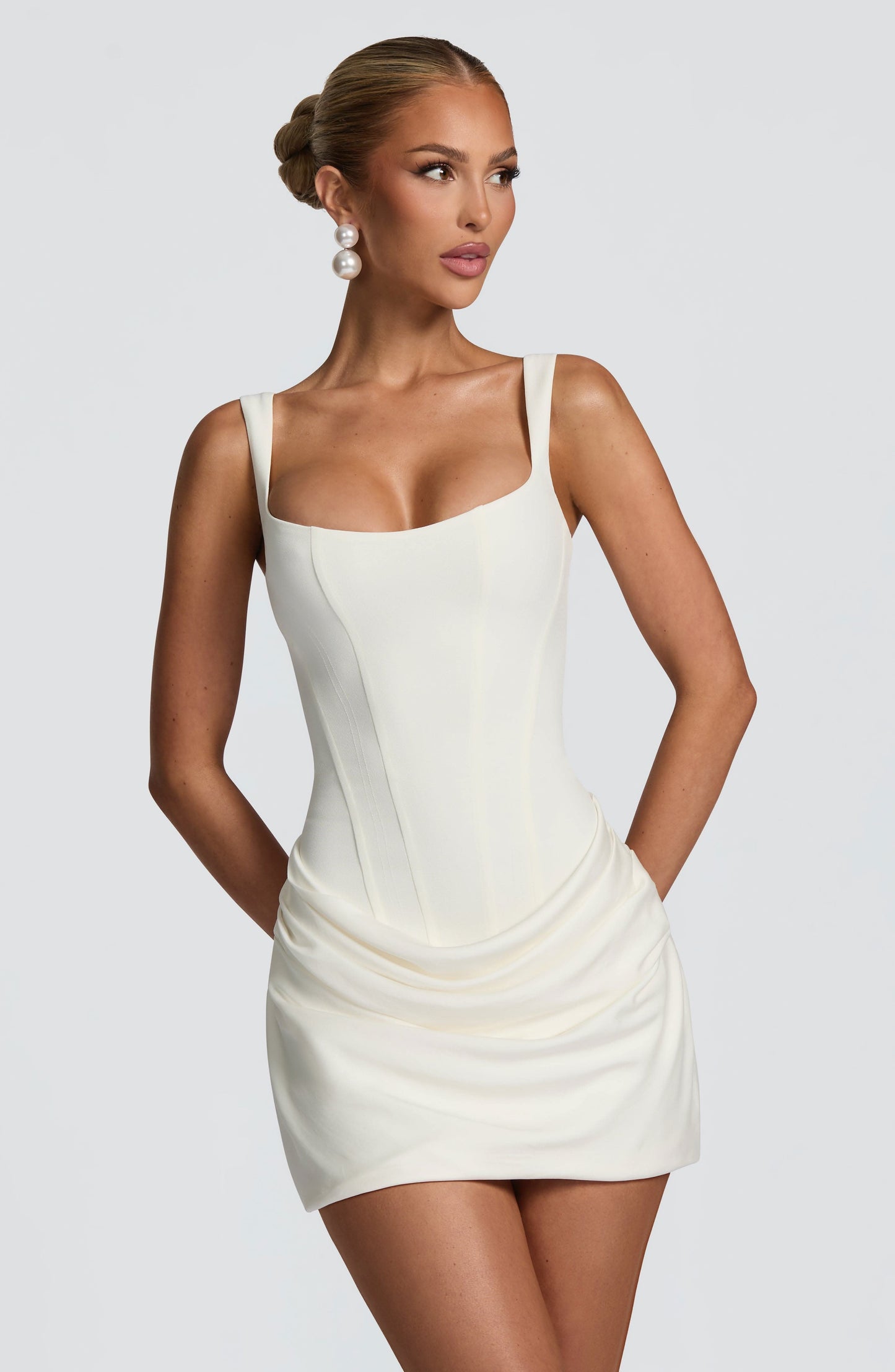 Chocolate Square Neck Draped Mini Dress - White