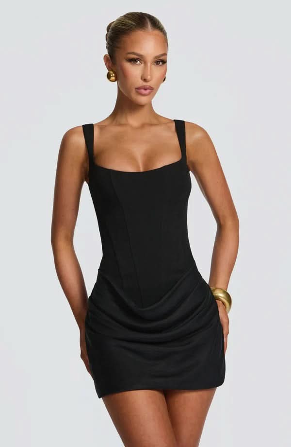 Chocolate Square Neck Draped Mini Dress - Black