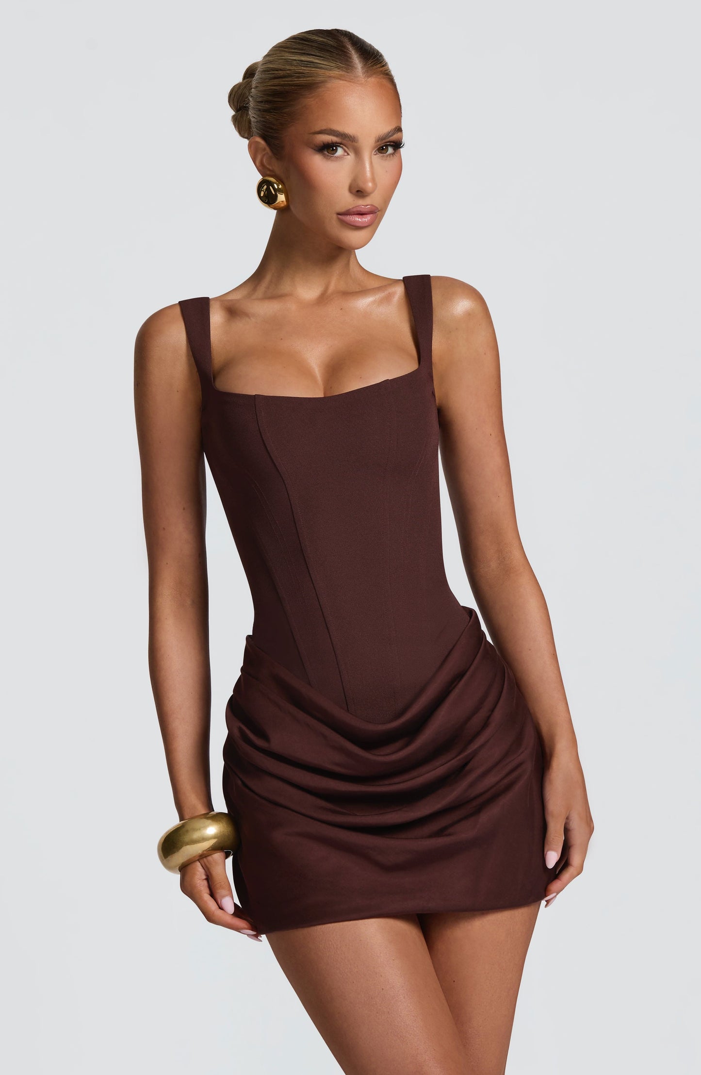 Chocolate Square Neck Draped Mini Dress - Brown
