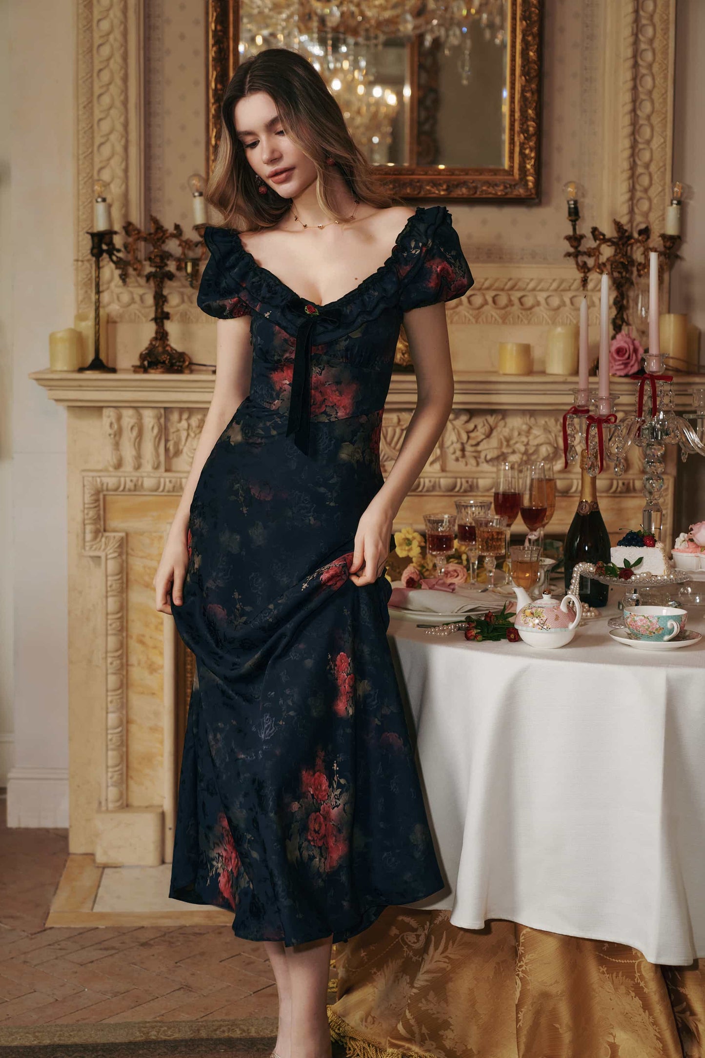 Off The Shoulder Floral Midi Dress - Black