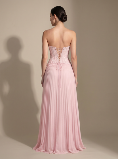 Olive Lace Bustier Pleated Gown - Pink, back
