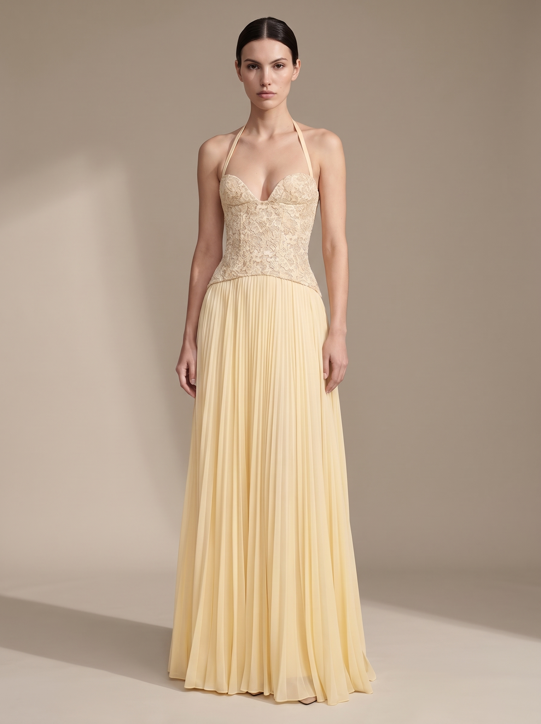 Olive Lace Bustier Pleated Gown - Butter, front
