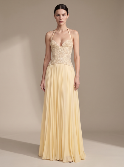 Olive Lace Bustier Pleated Gown - Butter, front
