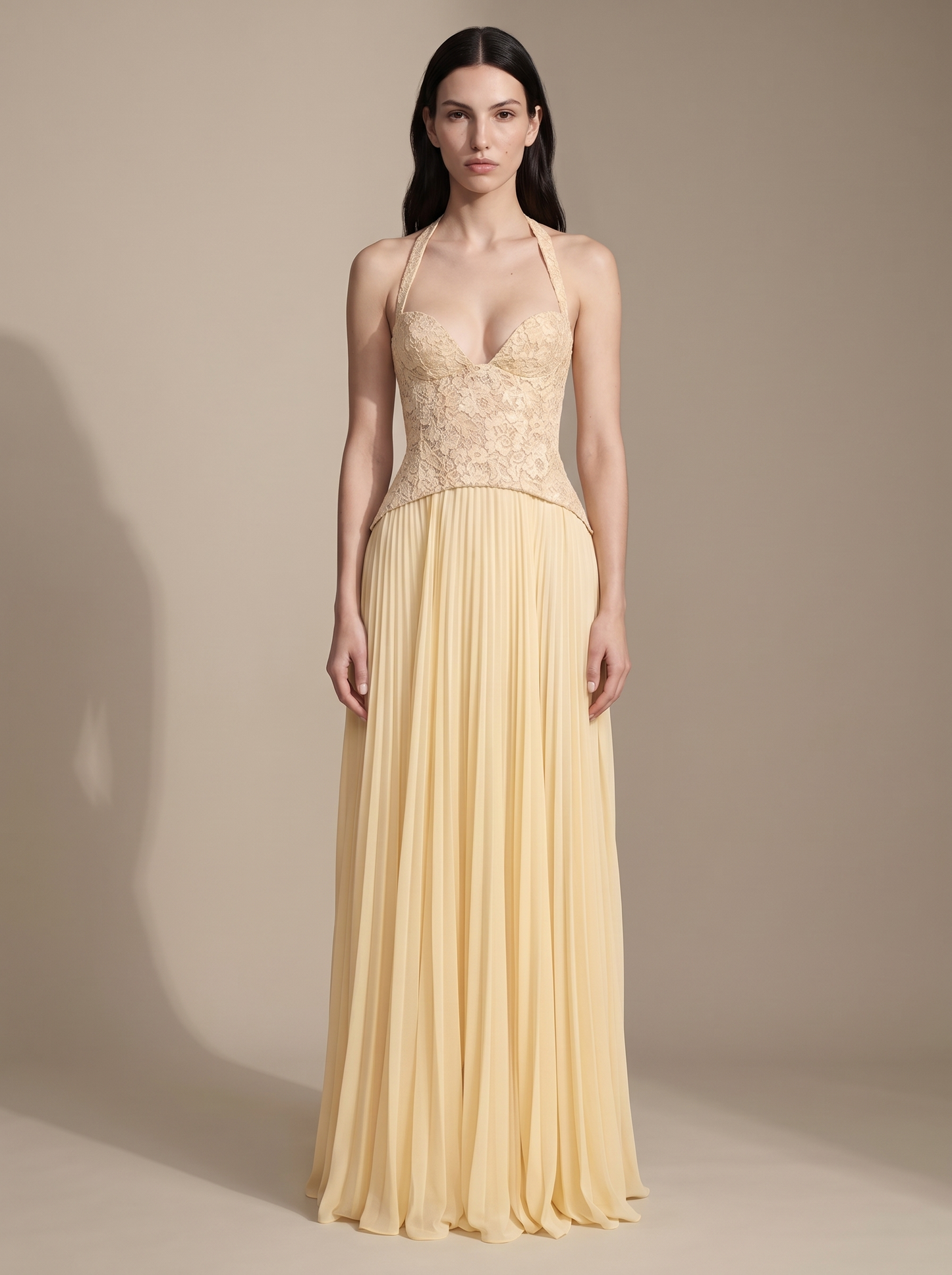 Olive Lace Bustier Pleated Gown - Butter