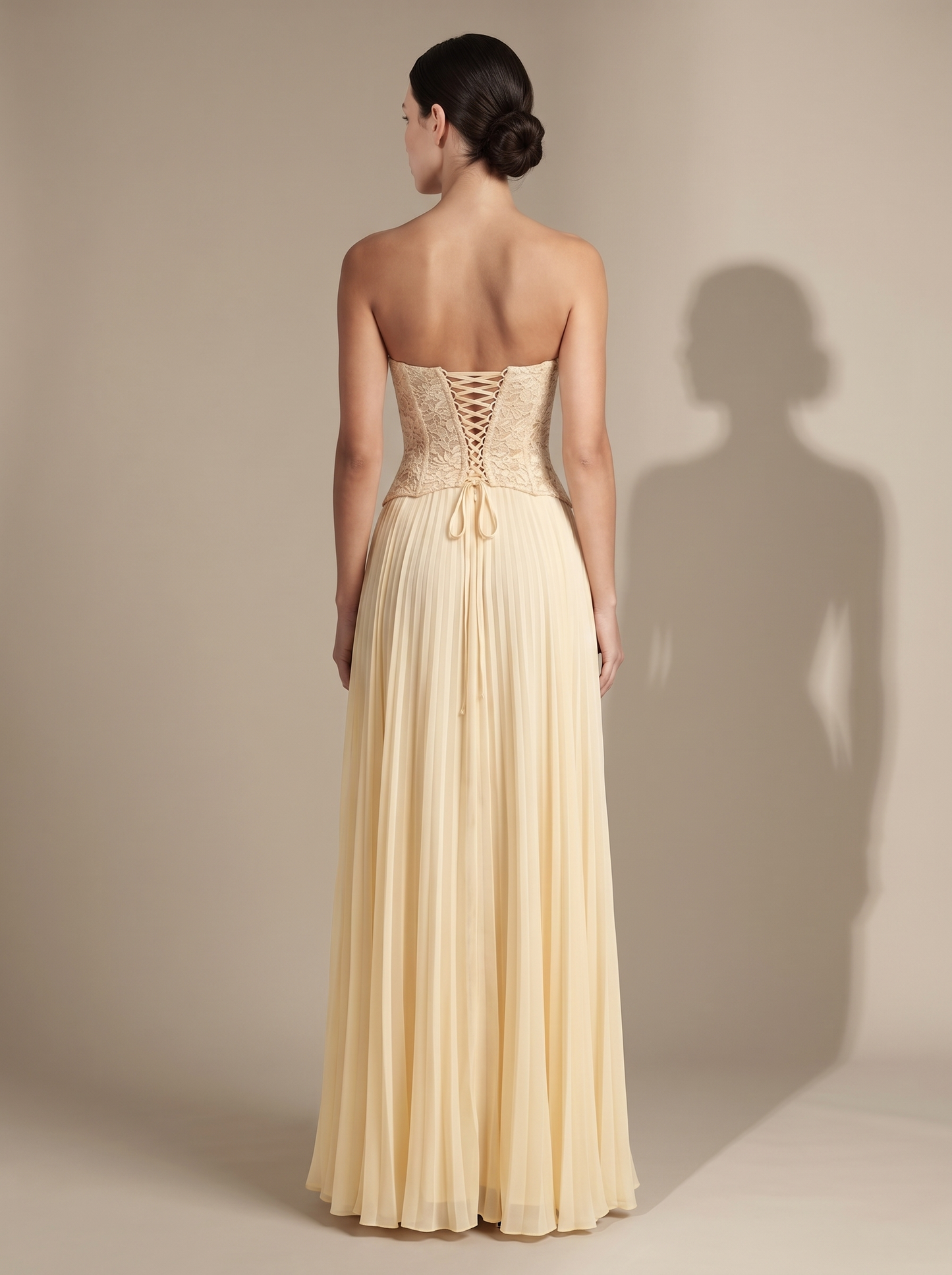 Olive Lace Bustier Pleated Gown - Butter, back