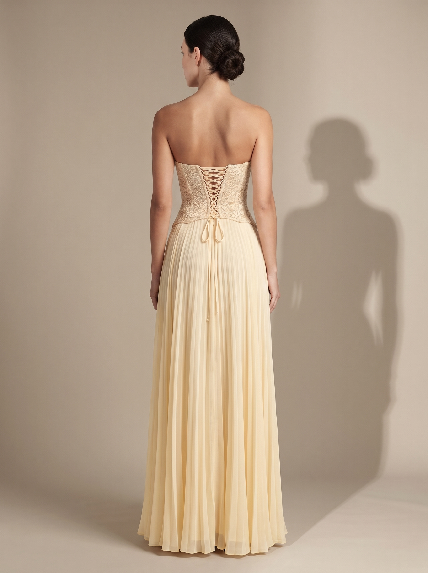 Olive Lace Bustier Pleated Gown - Butter, back