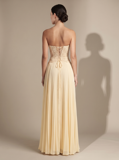 Olive Lace Bustier Pleated Gown - Butter, back