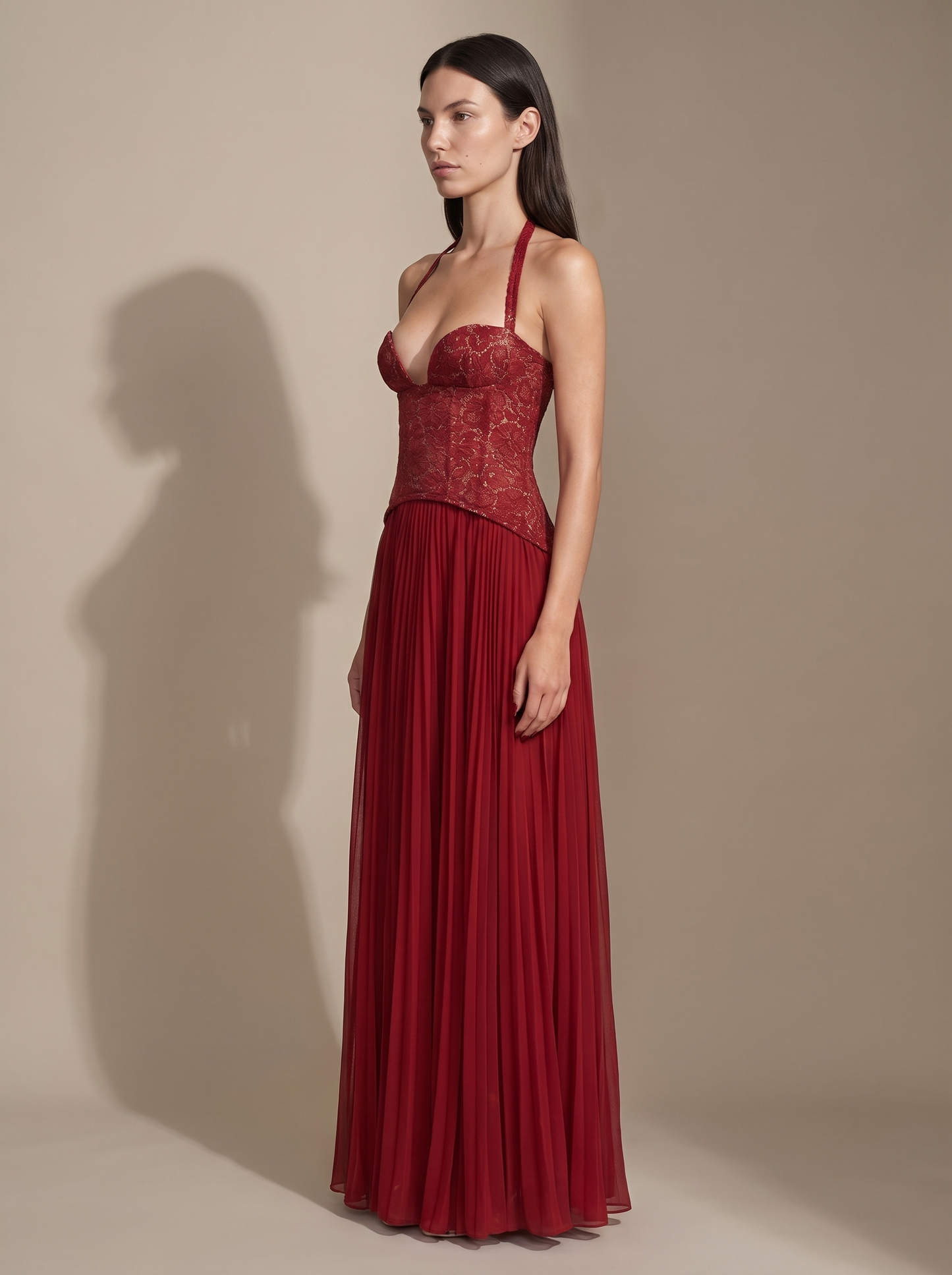 Olive Lace Bustier Pleated Gown - Red, side
