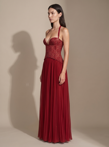Olive Lace Bustier Pleated Gown - Red, side