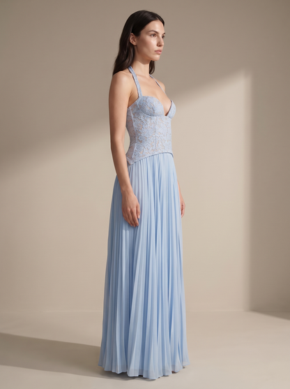 Olive Lace Bustier Pleated Gown - Blue, side