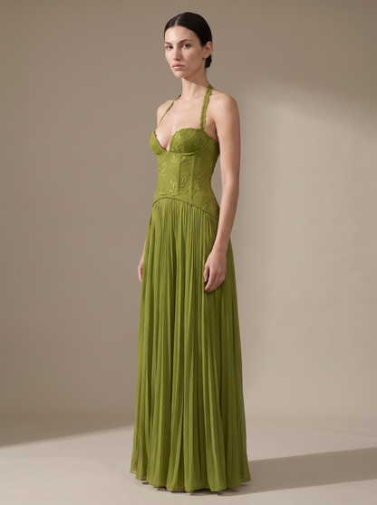 Olive Lace Bustier Pleated Gown - Green, side