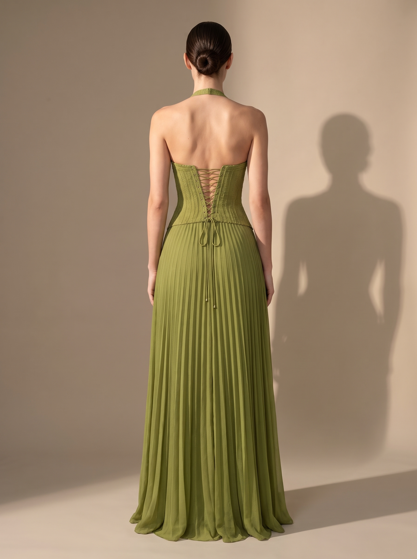Olive Lace Bustier Pleated Gown - Green, back