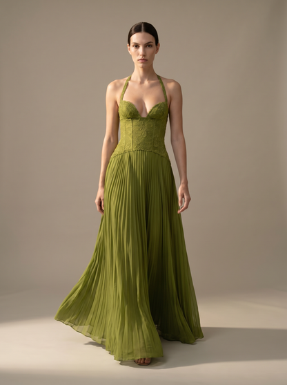Olive Lace Bustier Pleated Gown - Green, walking