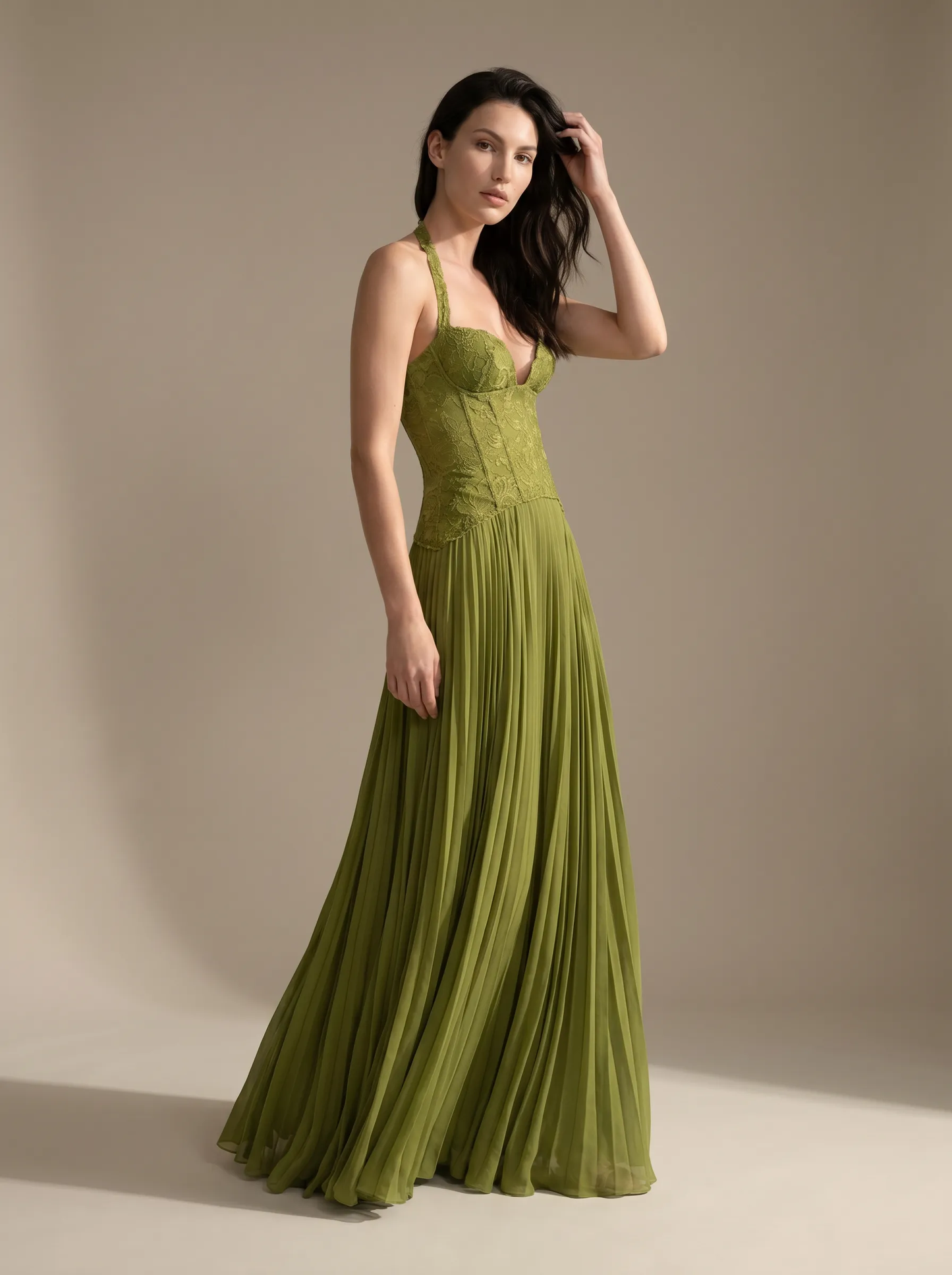 Olive Lace Bustier Pleated Gown - Green