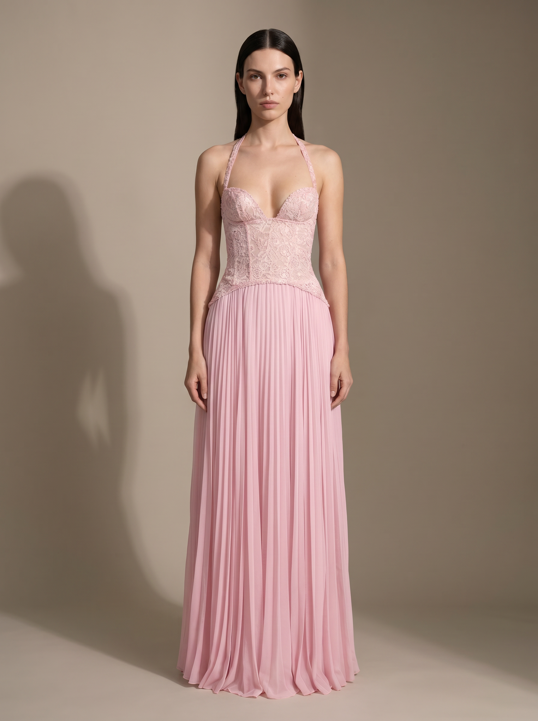 Olive Lace Bustier Pleated Gown - Pink, front