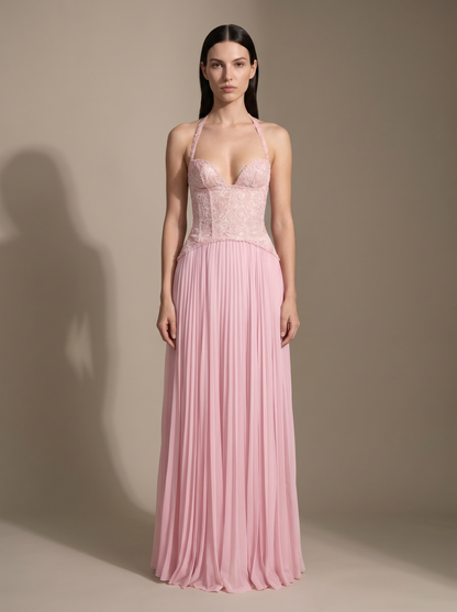 Olive Lace Bustier Pleated Gown - Pink, front