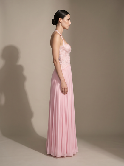 Olive Lace Bustier Pleated Gown - Pink, side