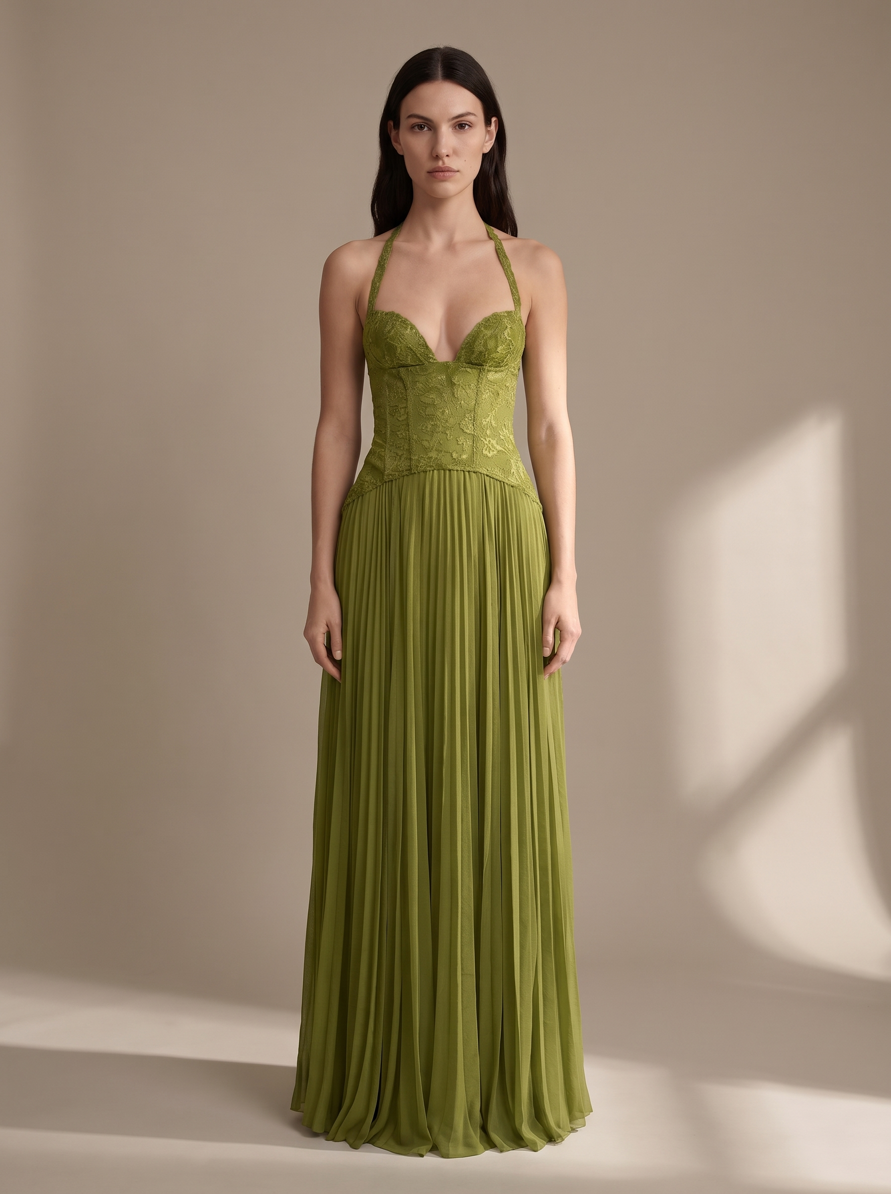 Olive Lace Bustier Pleated Gown - Green, front