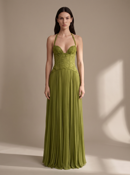 Olive Lace Bustier Pleated Gown - Green, front