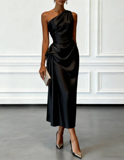 One Shoulder Asymmetrical Satin Midi Dress - White