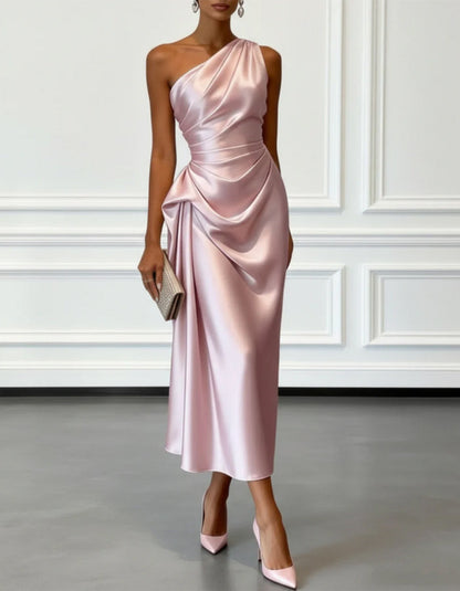 One Shoulder Asymmetrical Satin Midi Dress - Pink