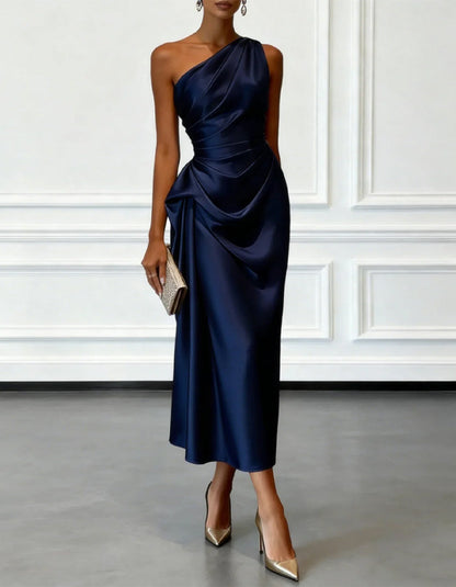 One Shoulder Asymmetrical Satin Midi Dress
