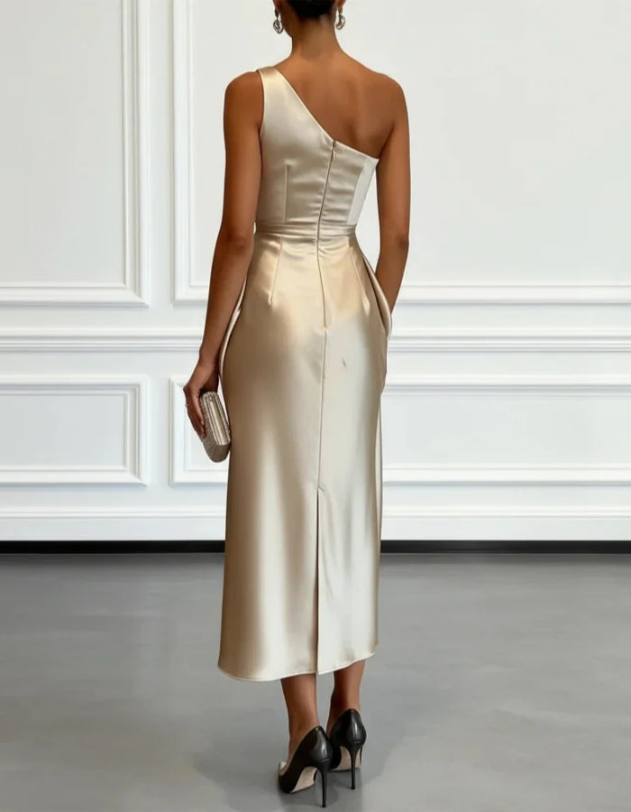 One Shoulder Asymmetrical Satin Midi Dress - Black