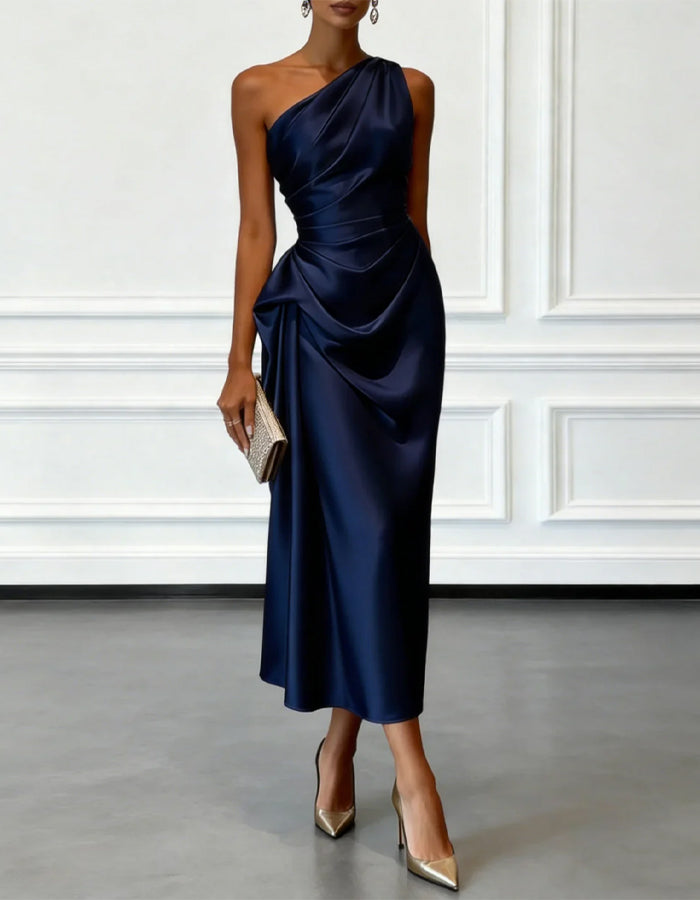 One Shoulder Asymmetrical Satin Midi Dress - Black