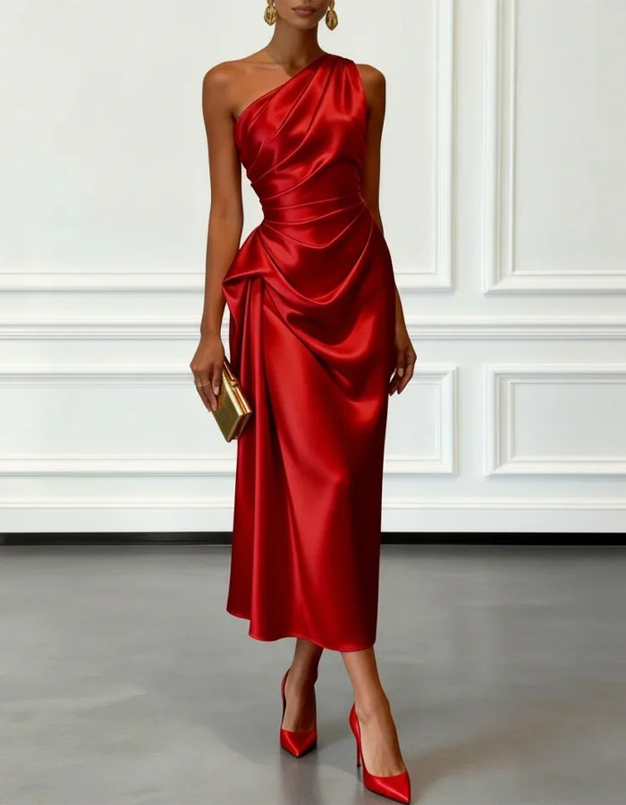 One Shoulder Asymmetrical Satin Midi Dress - Black