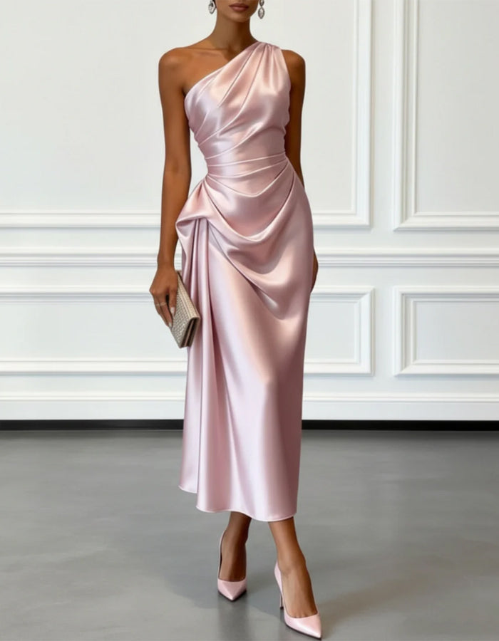 One Shoulder Asymmetrical Satin Midi Dress - Black