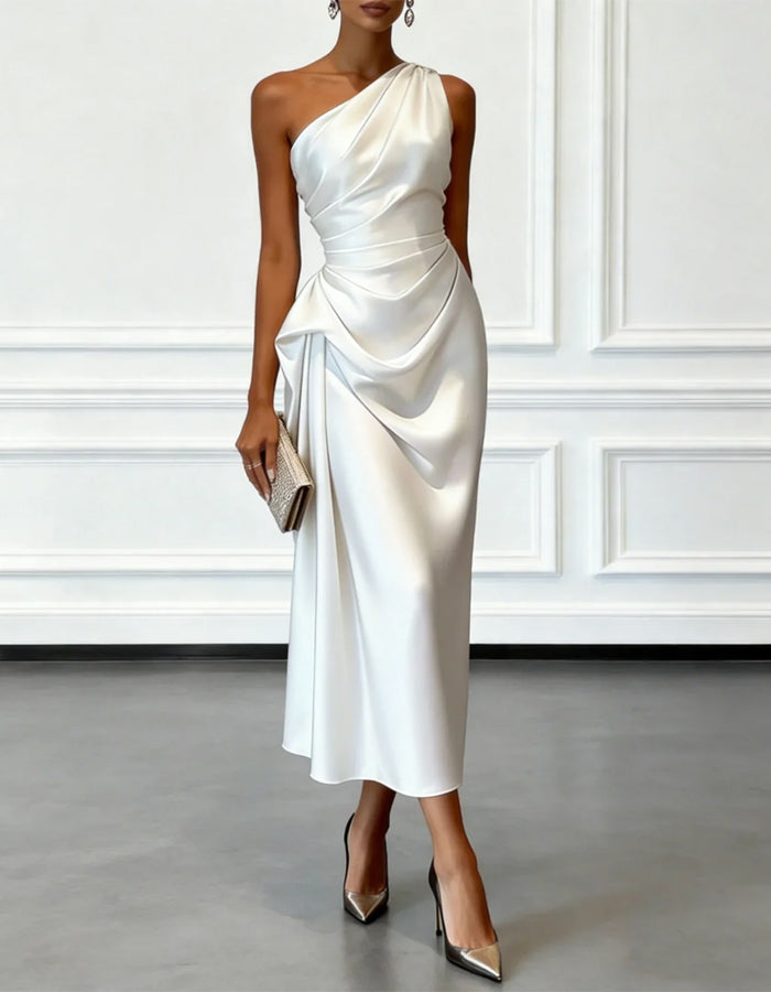 One Shoulder Asymmetrical Satin Midi Dress - Black