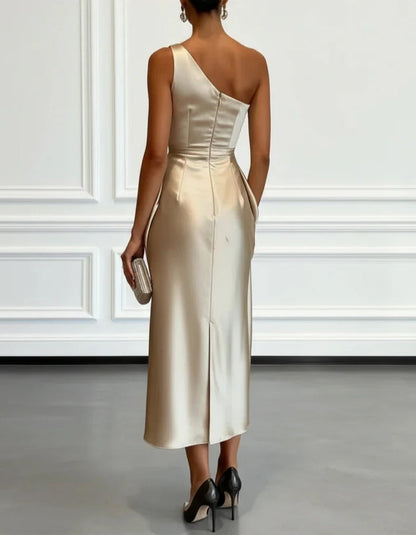One Shoulder Asymmetrical Satin Midi Dress - White