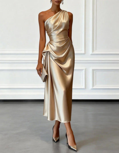 One Shoulder Asymmetrical Satin Midi Dress - Black