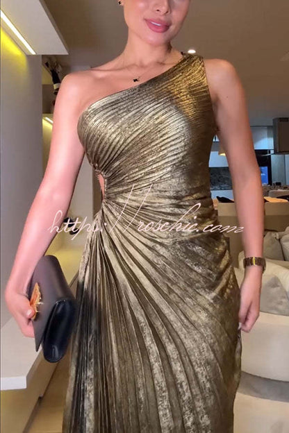 One Shoulder Cutout Casual Maxi Dress - Gold