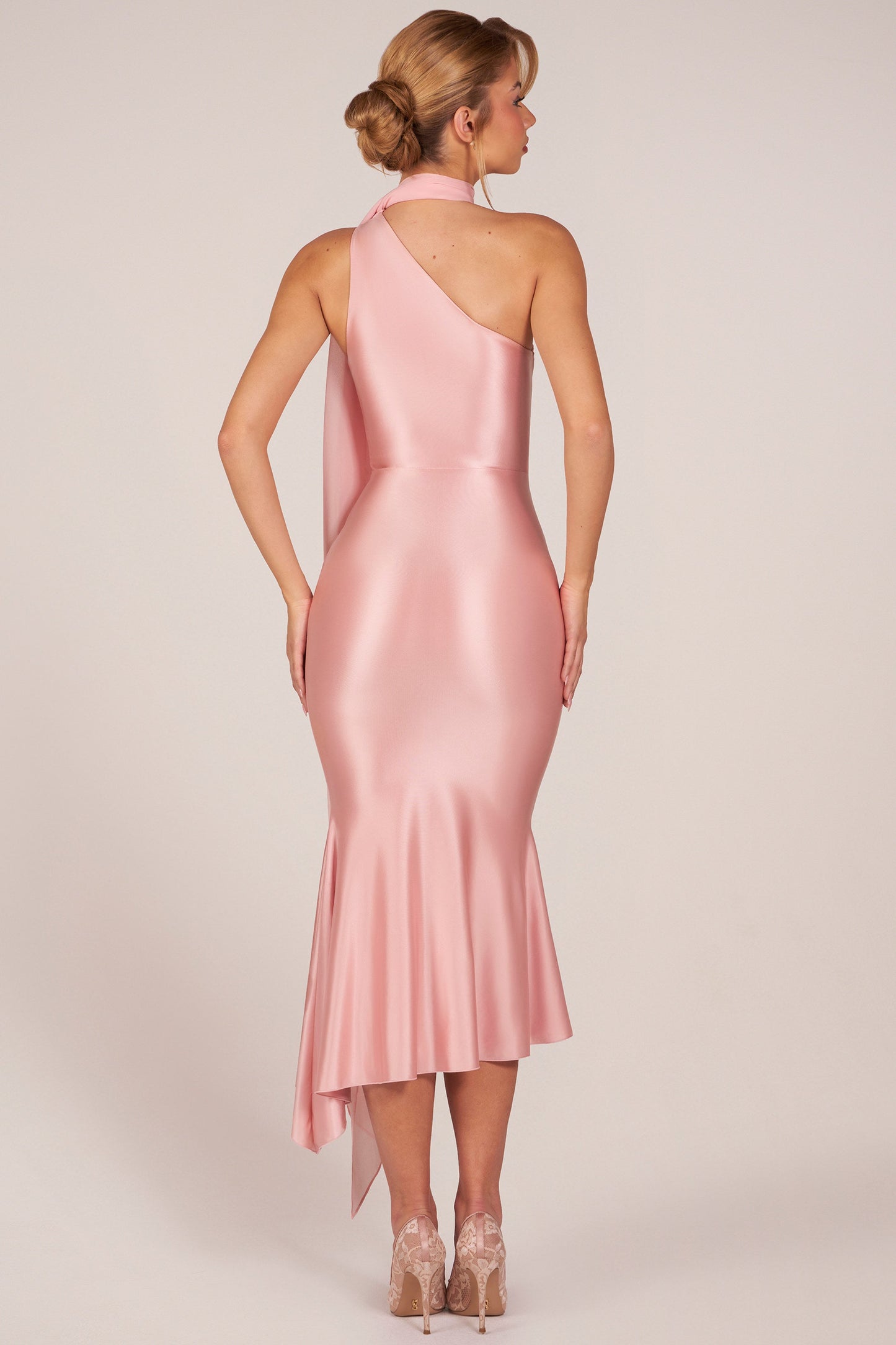 One Shoulder Pleated Chiffon Overall Midi Dress