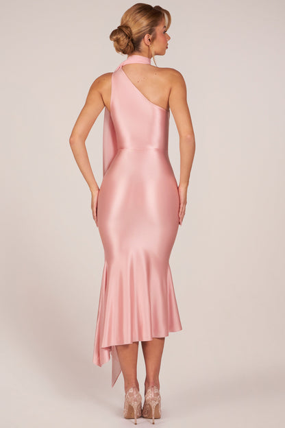 One Shoulder Pleated Chiffon Overall Midi Dress