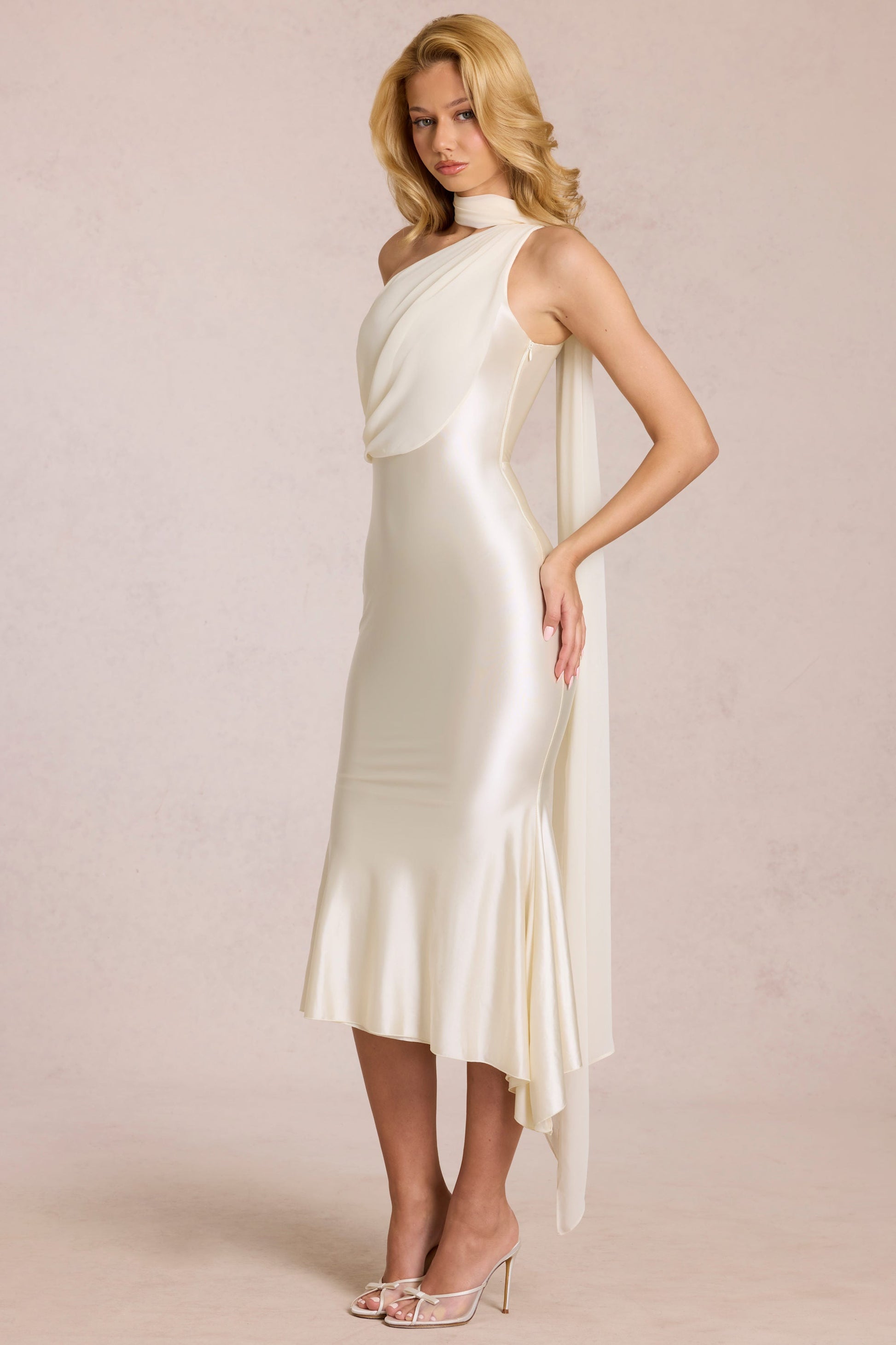 One Shoulder Pleated Chiffon Overall Midi Dress